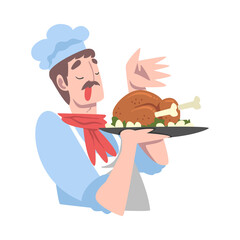Chef Serving Fried Chicken, Funny Cook Character in Hat and Apron Cooking in the Kitchen Cartoon Style Vector Illustration