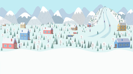 Winter landscape, snow-covered mountain village-houses, cars, Alpine resort, mountain with ski run and lift, skiers and snowboarders. Vector illustration in a flat style with copy space - banner