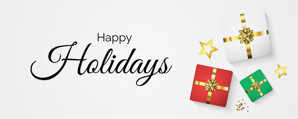 Happy Holidays vector illustration with decorative gift box and golden stars on white background. Realistic 3D Objects.