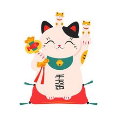 Japanese Maneki Neko, Japanese Traditional White Lucky Cat Doll, Symbol of Good Luck and Wealth Cartoon Style Vector Illustration
