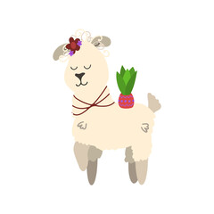 Girl lama with a flower in a dot on her back. Vector children's colorful illustration in cartoon hand drawn style for printing on children's clothes, interior design, packaging, stickers. Isolated