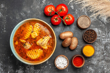 Variety of ingredients chicken soup on dark bakground