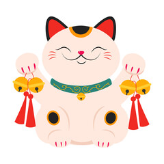 Japanisches Maneki Neko mit traditionellen goldenen Glocken, japanisches Symbol für Glück und Reichtum Cartoon-Stil Vektorillustration © topvectors