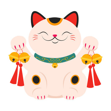 Japanese Maneki Neko with Traditional Golden Bells, Japanese Symbol of Good Luck and Wealth Cartoon Style Vector Illustration