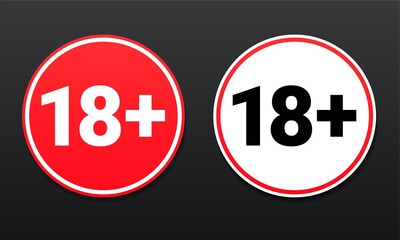 18 plus sign. Eighteen years over. Under eighteen years prohibition round sign. Adult only. Illustration vector