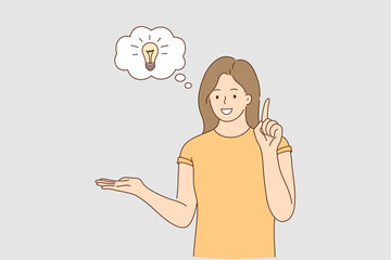 Great idea, innovation, startup concept. Young smiling woman cartoon character showing having good idea and innovation in brain with finger with lamp symbol in bubble vector illustration 