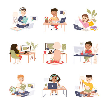 Elementary School Students Studying Online Using Laptop Computers Set, Homeschooling, Distance Learning Concept Cartoon Style Vector Illustration