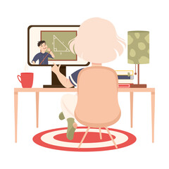 Back View of Girl Sitting at her Desk, Kid Studying Online Using Computer, Homeschooling, Distance Learning Concept Cartoon Style Vector Illustration