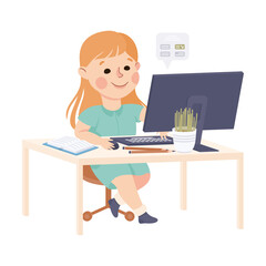 Girl Sitting at her Desk and Studying Online Using Computer, Homeschooling, Distance Learning Concept Cartoon Style Vector Illustration
