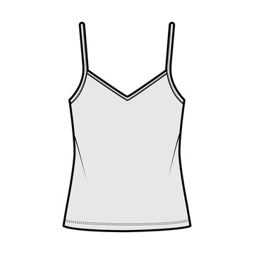 Camisole V-neck cotton-jersey top technical fashion illustration with thin adjustable straps, oversized, tunic length. Flat outwear tank template front, grey color. Women men unisex CAD mockup