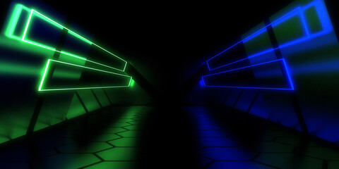 3D abstract background with neon lights. neon tunnel .space construction . 3d illustration