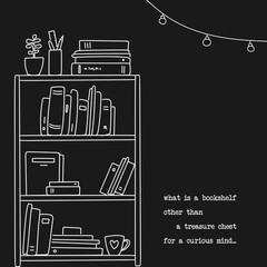 Hand drawn book shelf illustration in linear style with a quote about books 