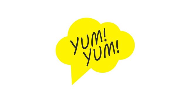 Yum Yum word. Printable graphic tee. Colorful. Cartoon hand drawn calligraphy style. Yellow Black and white