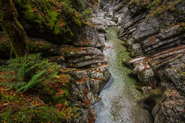 clear mountain torrent with rugged rocks while hiking in autumn