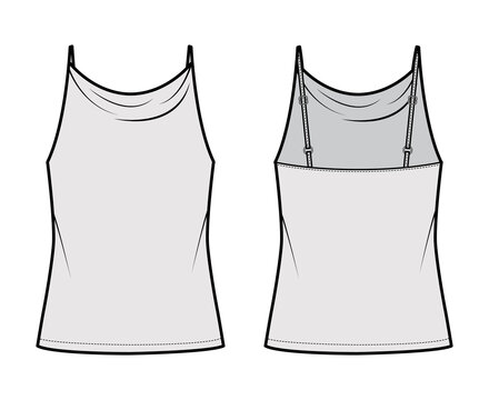 Tank high cowl Camisole technical fashion illustration with thin adjustable straps, oversized, tunic length. Flat apparel outwear top template front, back, grey color. Women men unisex CAD mockup