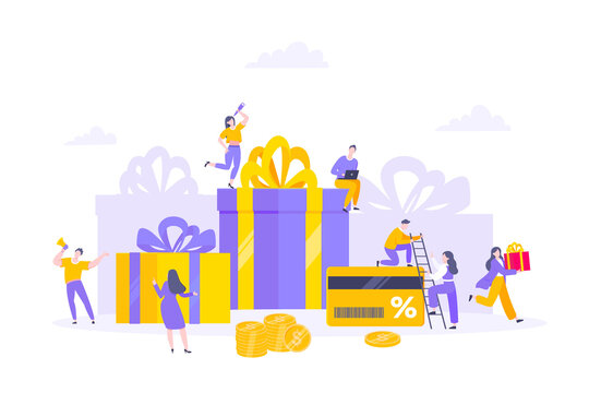 Earn loyalty program points and get online reward and gifts. Get loyalty card and customer service business concept flat design vector illustration. Tiny people with big card and money.
