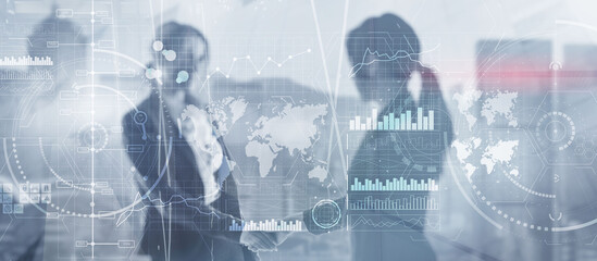 Diverse business team in city digital interface. Intelligence control panel.