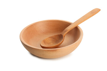Wooden bowl with spoon isolated on white background