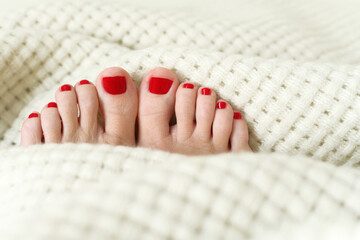 Red winter pedicure on white warm plaid