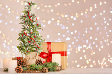 Beautiful Christmas composition with mistletoe plant against blurred lights