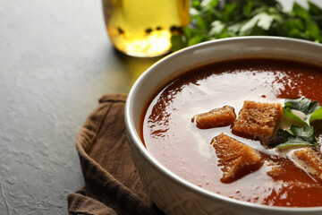 Concept of tasty food with tomato soup, close up