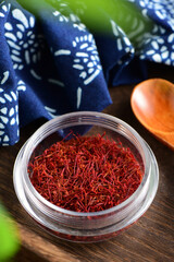 Close-up pictures of traditional Chinese medicine saffron on the background of retro Chinese style