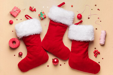 Obraz na płótnie Canvas Composition with Christmas socks on color background
