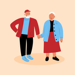 Grandparent standing and holding in hand. Elderly married couple. Old woman and old man. Flat colorful vector illustration