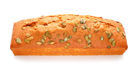 Tasty pumpkin pie on white background