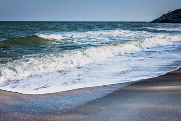 Beautiful sea waves, coast view from tropical sand beach, summer vacation travel and holiday destination scene.
