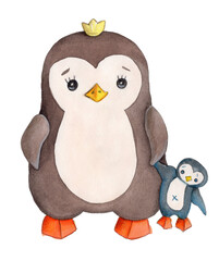 Cute cartoon little penguins, hand drawn watercolor and pencils art, illustration, icon, print. Isolated on white background.