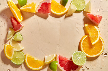 summer, vegetarian and vitaminic concept - frame of slices of chopped different citrus fruits on...