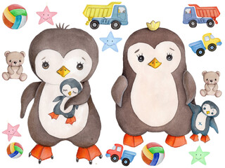 Cute cartoon little penguins, hand drawn watercolor and pencils art, illustration, icon, print. Isolated on white background.