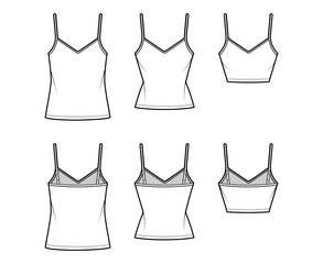 Set of Camisoles V-neck cotton-jersey top technical fashion illustration with thin straps, oversized or slim body, tunic or crop length. Flat tank template front back white color. Women men CAD mockup