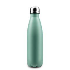 Close-up of reusable steel thermo water bottle isolated on white background. Tidewater green of color, 2021 trend.