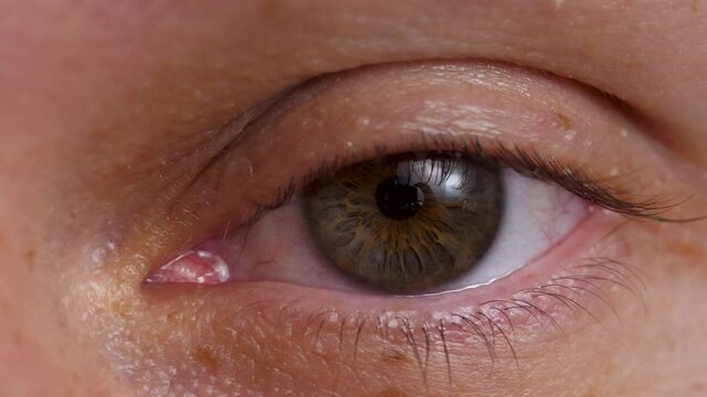 Male open hazel eyes and smile, pupil with iris. Positive emotion. Natural skin. Wrinkle around eye is fold, ridge or crease on skin