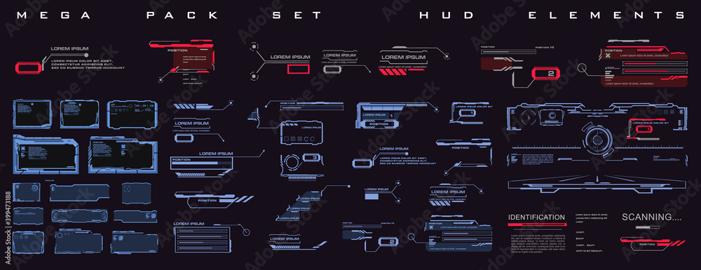 Poster Mega pack set HUD elements in cyber style. Techno frames, callouts, information blocks, robotics elements. Cyber techno frame for the HUD user interface
