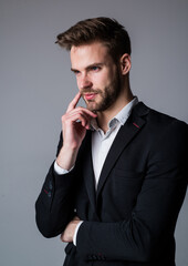 young handsome man in formal wear has bristle on face, boss