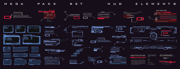 Mega pack set HUD elements in cyber style. Techno frames, callouts, information blocks, robotics elements. Cyber techno frame for the HUD user interface
