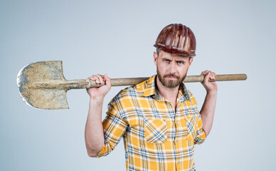 He loves his job. mature builder in shirt. unshaven man on construction site. handsome building...