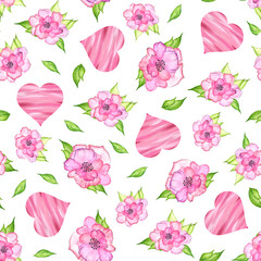 Pink hearts and flowers with green leaves. Seamless pattern. Delicate watercolor print. For the design of postcards, printing on fabric, packaging. Wedding. Valentine's Day