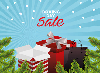 boxing day sale lettering with gifts and bag in firs