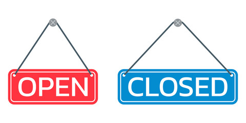 Open and Closed door sign or board. Vector illustration.
