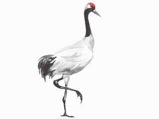 Japan traditional sumi-e painting. Fuji mountain, crane, sunset. Japan sun. Indian ink illustration. Japanese picture on rice paper. Vector drawing.