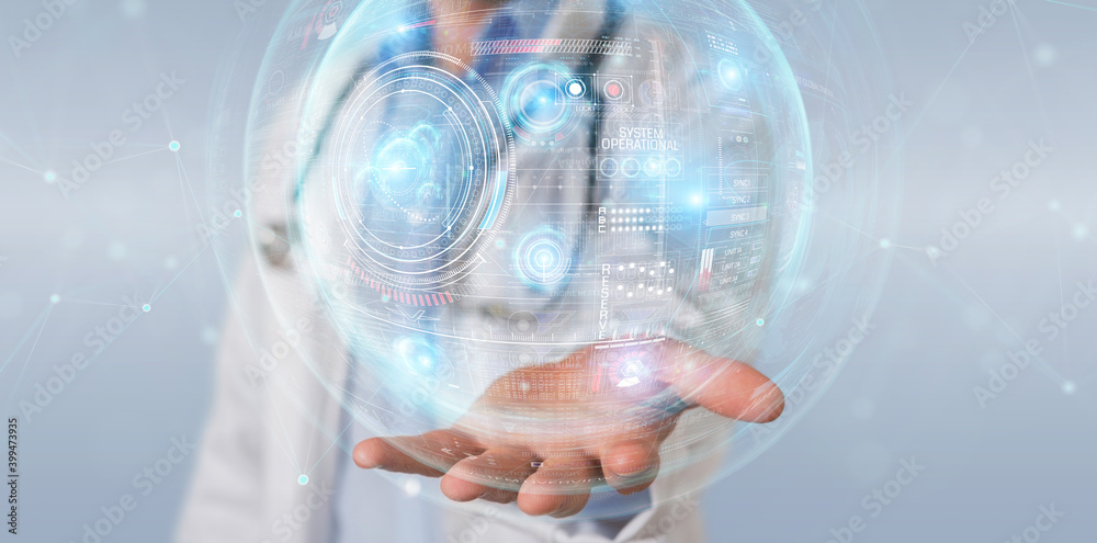 Poster scientist using digital technological interface with datas 3d rendering