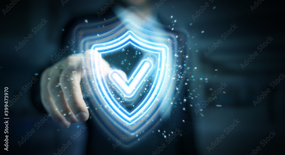 Poster man using digital shield protection blue holographic interface 3d rendering