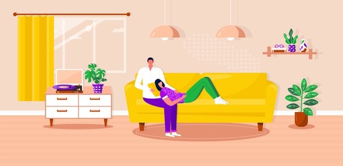 Happy family relaxing on couch, listen to music with vinyl record. Man and woman spending time together. Husband and wife on comfy sofa enjoying home entertainment. Vector flat interior illustration