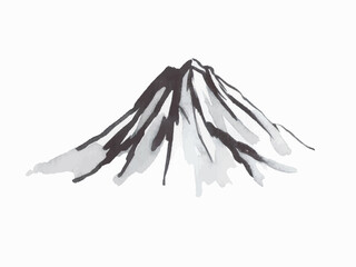 Japan traditional sumi-e painting. Fuji mountain, mountains, sunset. Japan sun. Indian ink illustration. Japanese picture on rice paper. Vector drawing.