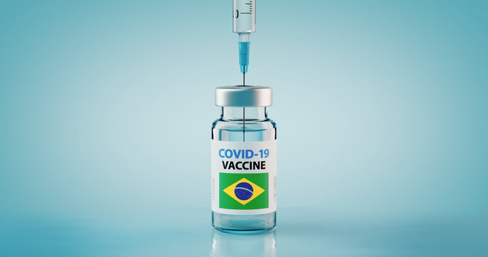 COVID-19 Coronavirus Vaccine And Syringe With Flag Of Brazil