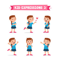 cute little kid girl in various expressions and gesture set